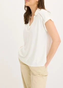 Hot Polo de piqué de viscosa con inserto de encaje Mujer Camisetas