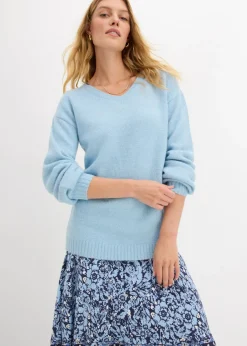 Suave jersey de punto fino con mangas abullonadas Mujer Básicos|Jerséis