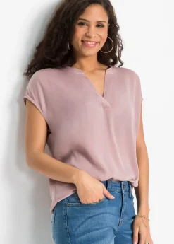 Sale Túnica holgada de satén de manga corta con hombros caídos Mujer Camisas Y Blusas