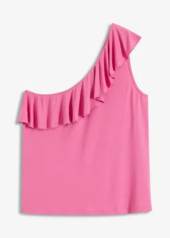 Best Top de mezcla de viscosa suave con un hombro al descubierto y volante decorativo Mujer Camisetas