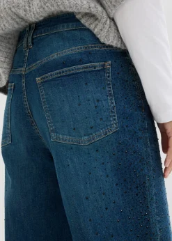 Best Vaqueros de talle medio con perneras anchas y piedras brillantes Mujer Tallas Pequeñas
