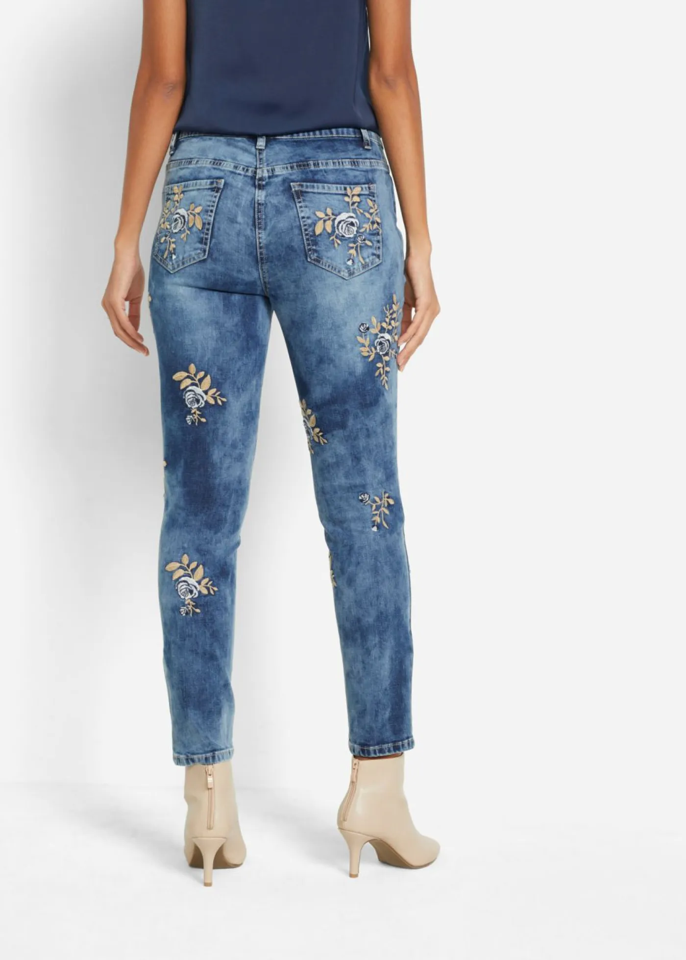 Vaqueros slim fit, con bordado de flores Mujer Vaqueros