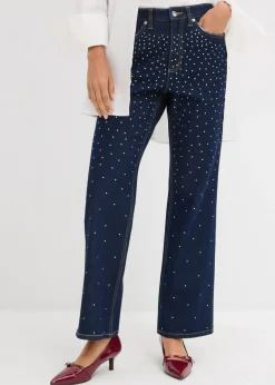 Clearance Vaqueros straight, mid waist, con piedras brillantes Mujer Vaqueros