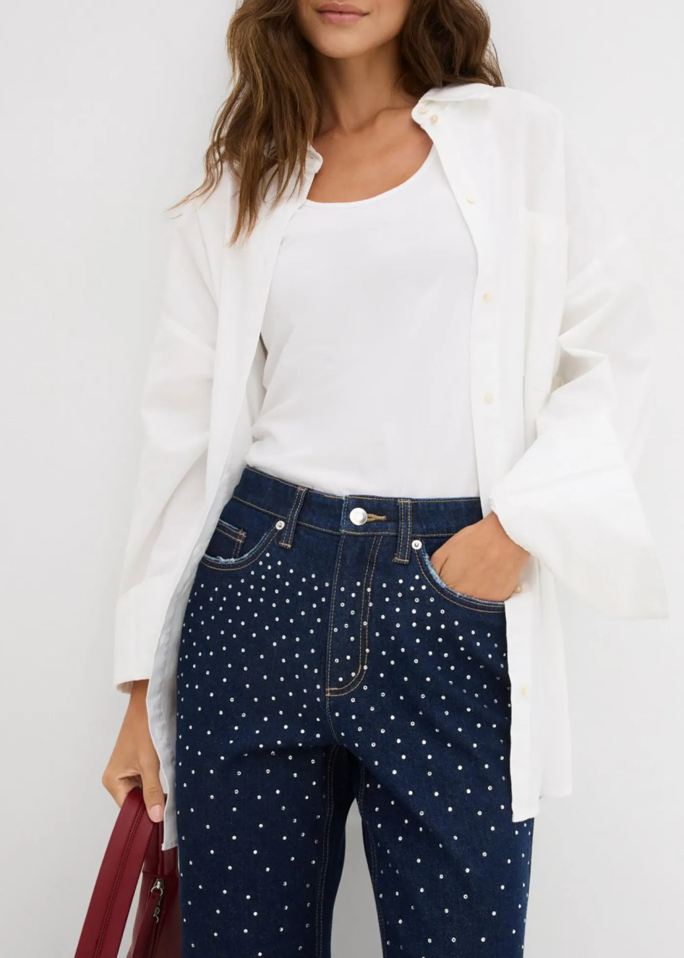 Clearance Vaqueros straight, mid waist, con piedras brillantes Mujer Vaqueros
