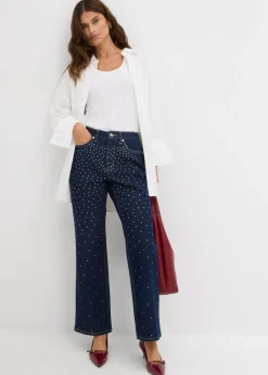 Sale Vaqueros straight, mid waist, con piedras brillantes Mujer Tallas Pequeñas