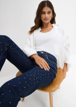 Sale Vaqueros straight, mid waist, con piedras brillantes Mujer Tallas Pequeñas