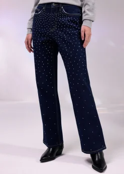 Sale Vaqueros straight, mid waist, con piedras brillantes Mujer Tallas Pequeñas