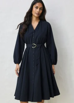 New Vestido camisero con parte de seda y cinturón Mujer Premium|Vestidos