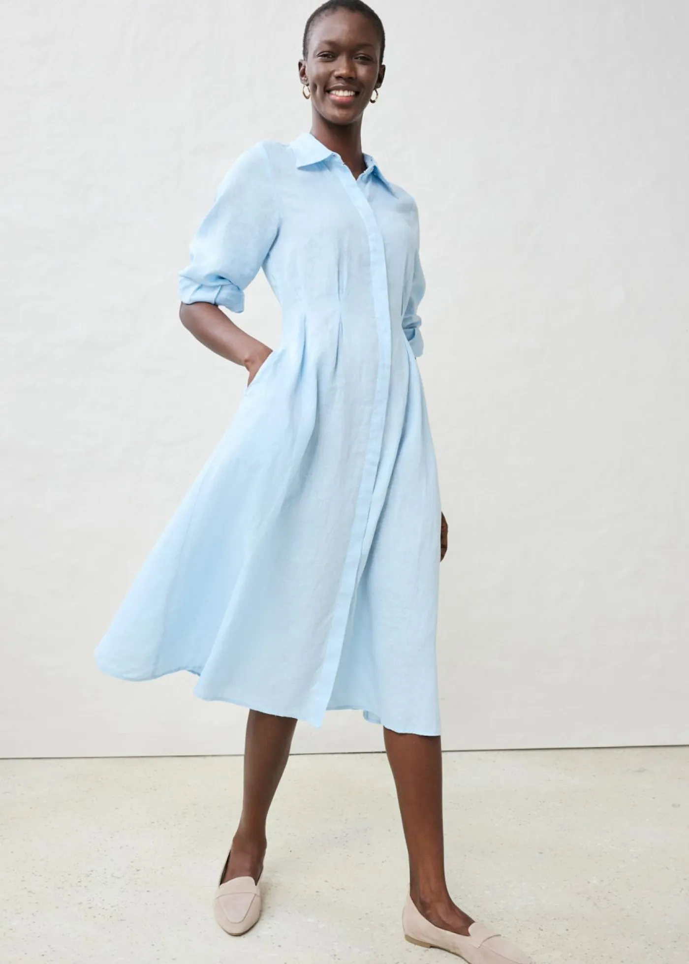 Online Vestido camisero de lino puro Mujer Premium|Vestidos