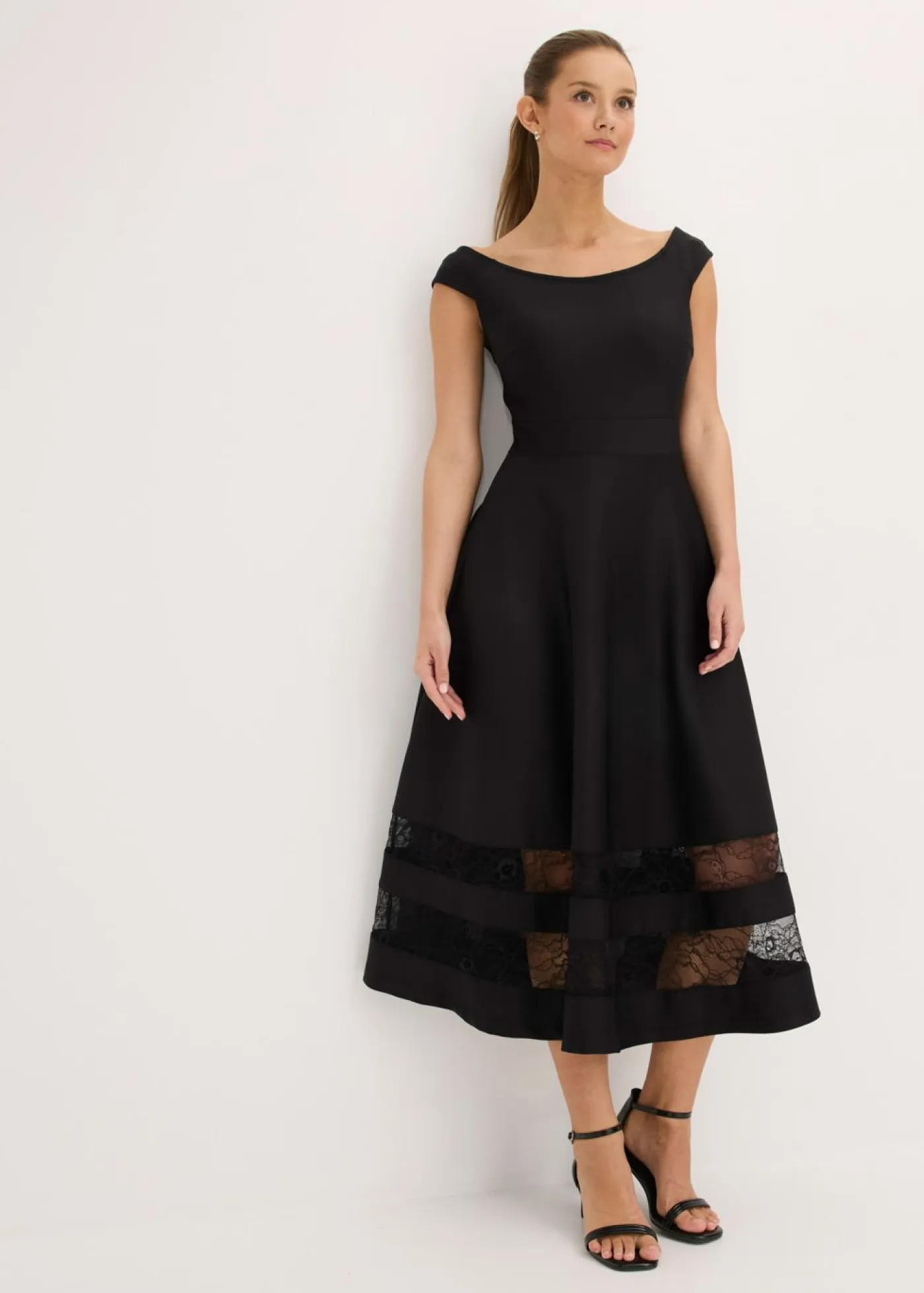 Sale Vestido con escote bañera, encaje y cinturón Mujer Vestidos|Ropa Elegante