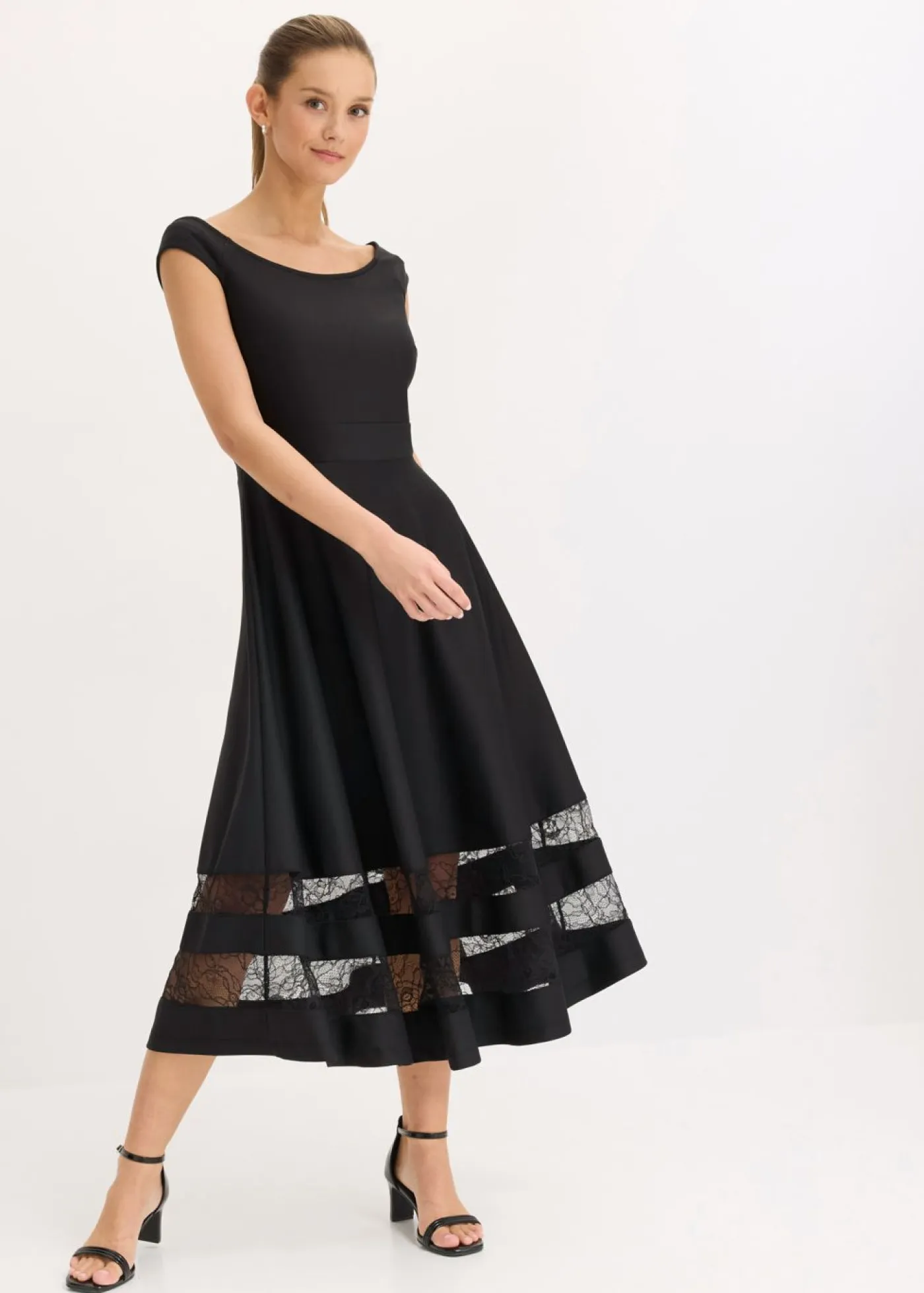 Sale Vestido con escote bañera, encaje y cinturón Mujer Vestidos|Ropa Elegante