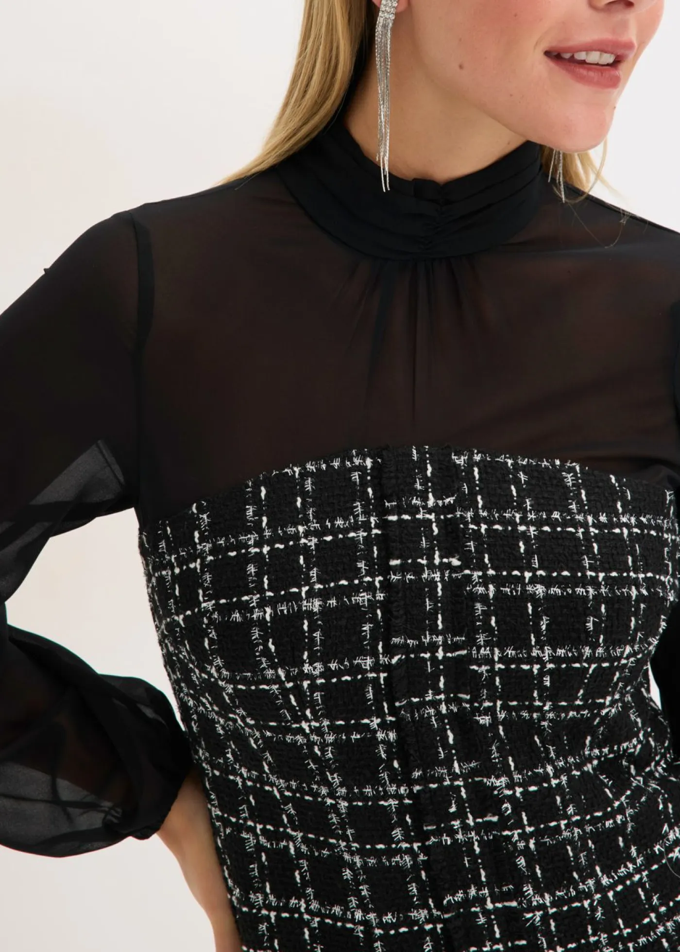 New Vestido corto de bouclé con mangas de gasa Mujer Vestidos