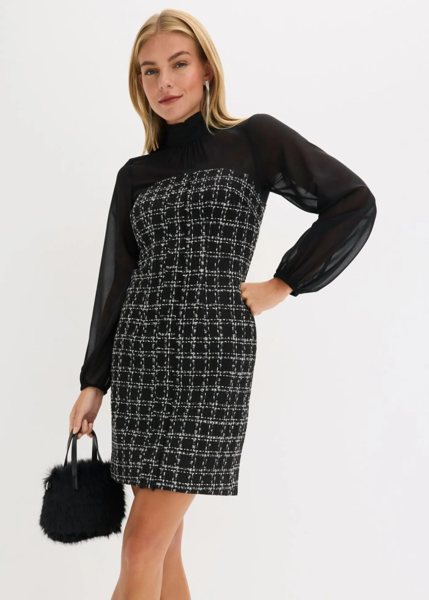 New Vestido corto de bouclé con mangas de gasa Mujer Vestidos