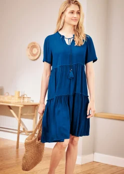 Best Vestido de viscosa arrugada hasta la rodilla con detalle en el escote Mujer Vestidos