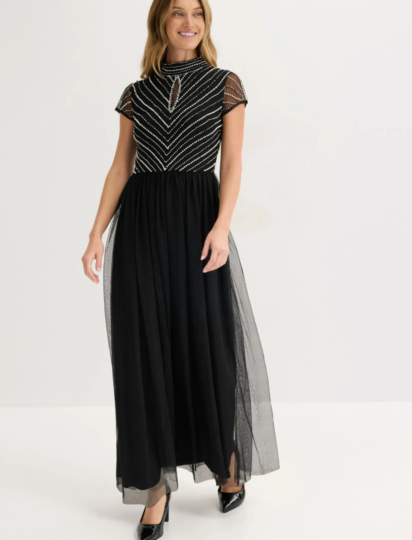 Outlet Vestido largo con bordado de perlas Mujer Vestidos|Ropa Elegante