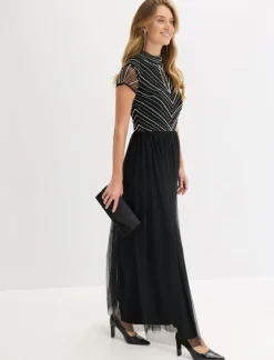 Outlet Vestido largo con bordado de perlas Mujer Vestidos|Ropa Elegante