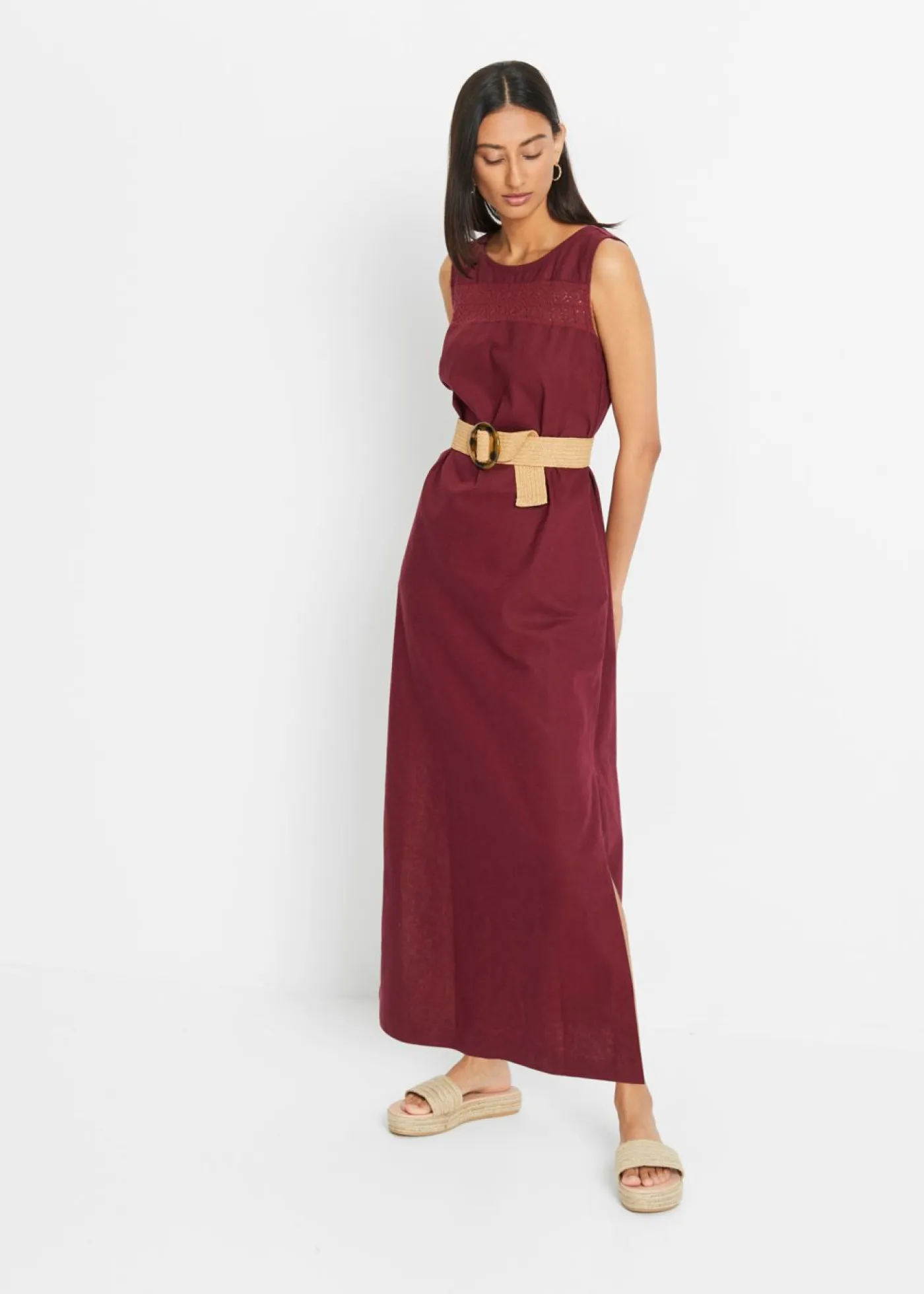 Online Vestido largo de lino con motivo perforado en el escote y abertura lateral Mujer Vestidos
