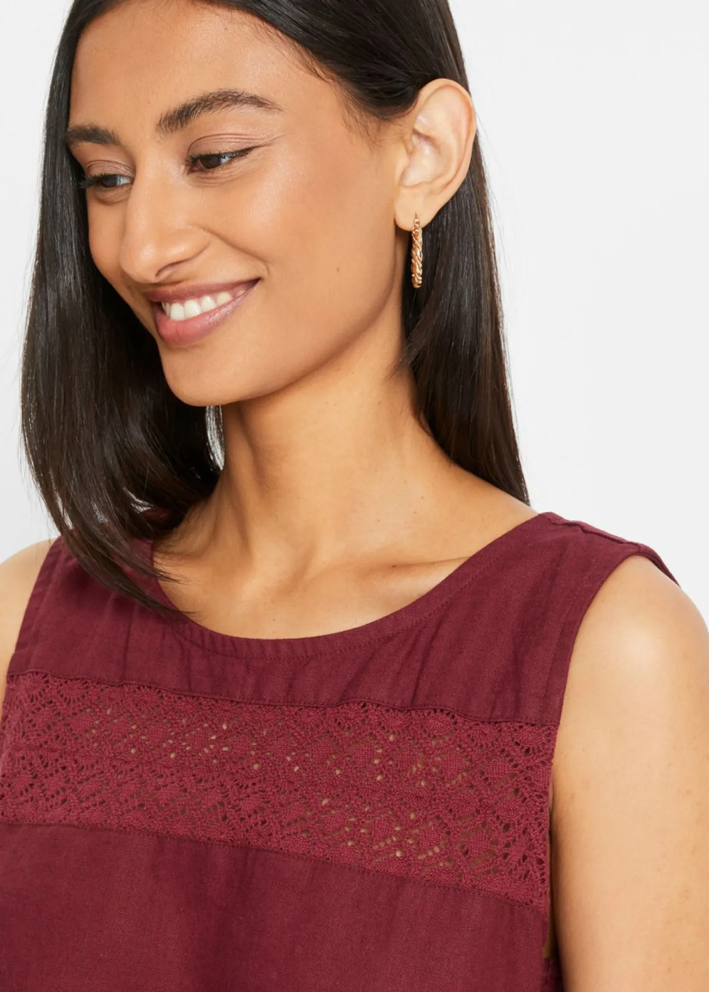 Online Vestido largo de lino con motivo perforado en el escote y abertura lateral Mujer Vestidos
