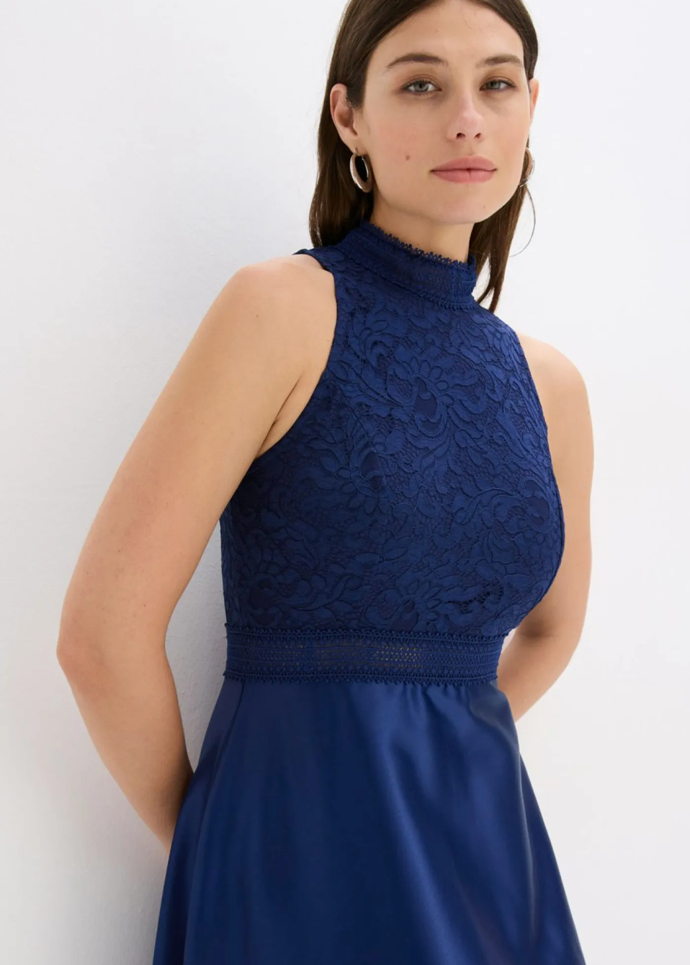Hot Vestido largo de satén brillante con encaje Mujer Vestidos|Ropa Elegante
