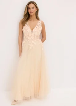 New Vestido largo de tul delicado con aplicación de flores Mujer Vestidos|Ropa Elegante