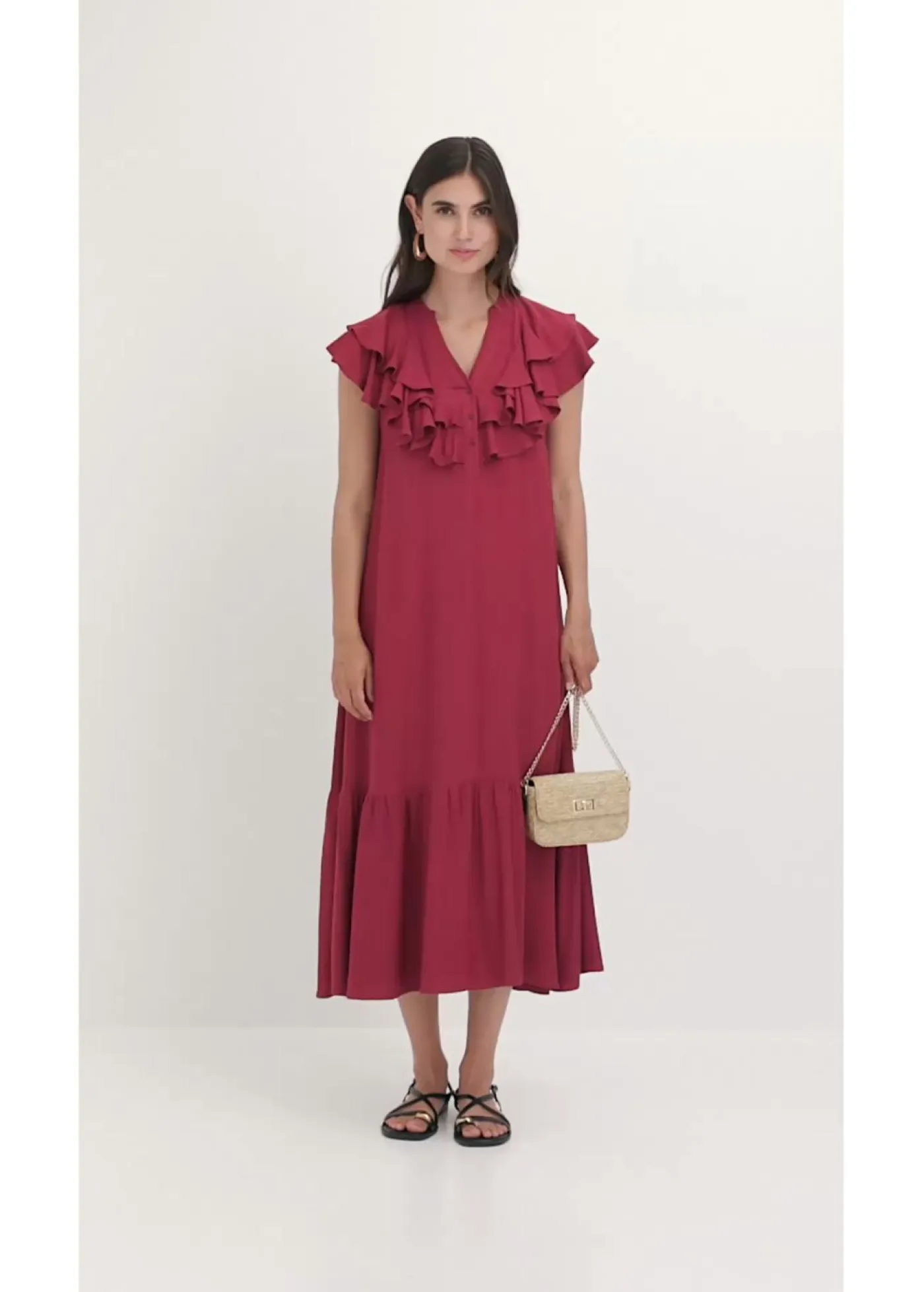 Sale Vestido midi de crepé estructurado con volantes Mujer Vestidos