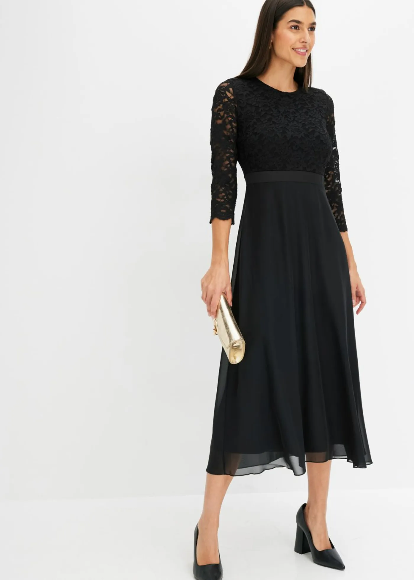 Sale Vestido midi de gasa fina con parte superior de encaje Mujer Tallas Pequeñas|Ropa Elegante