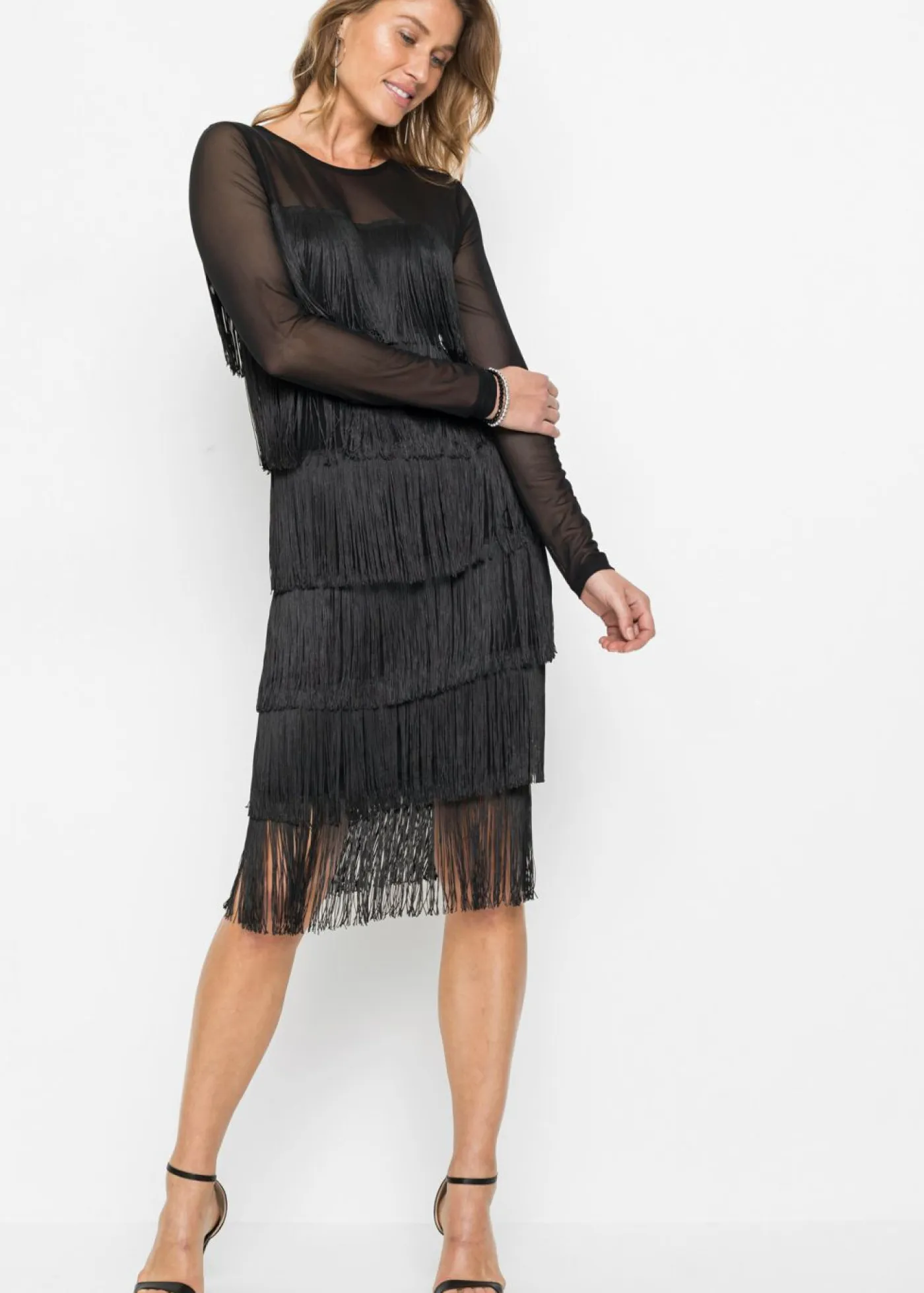 Hot Vestido midi de malla vaporosa con flecos Mujer Vestidos|Tallas Pequeñas