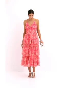 Online Vestido midi de tul fino con volantes Mujer Vestidos|Ropa Elegante