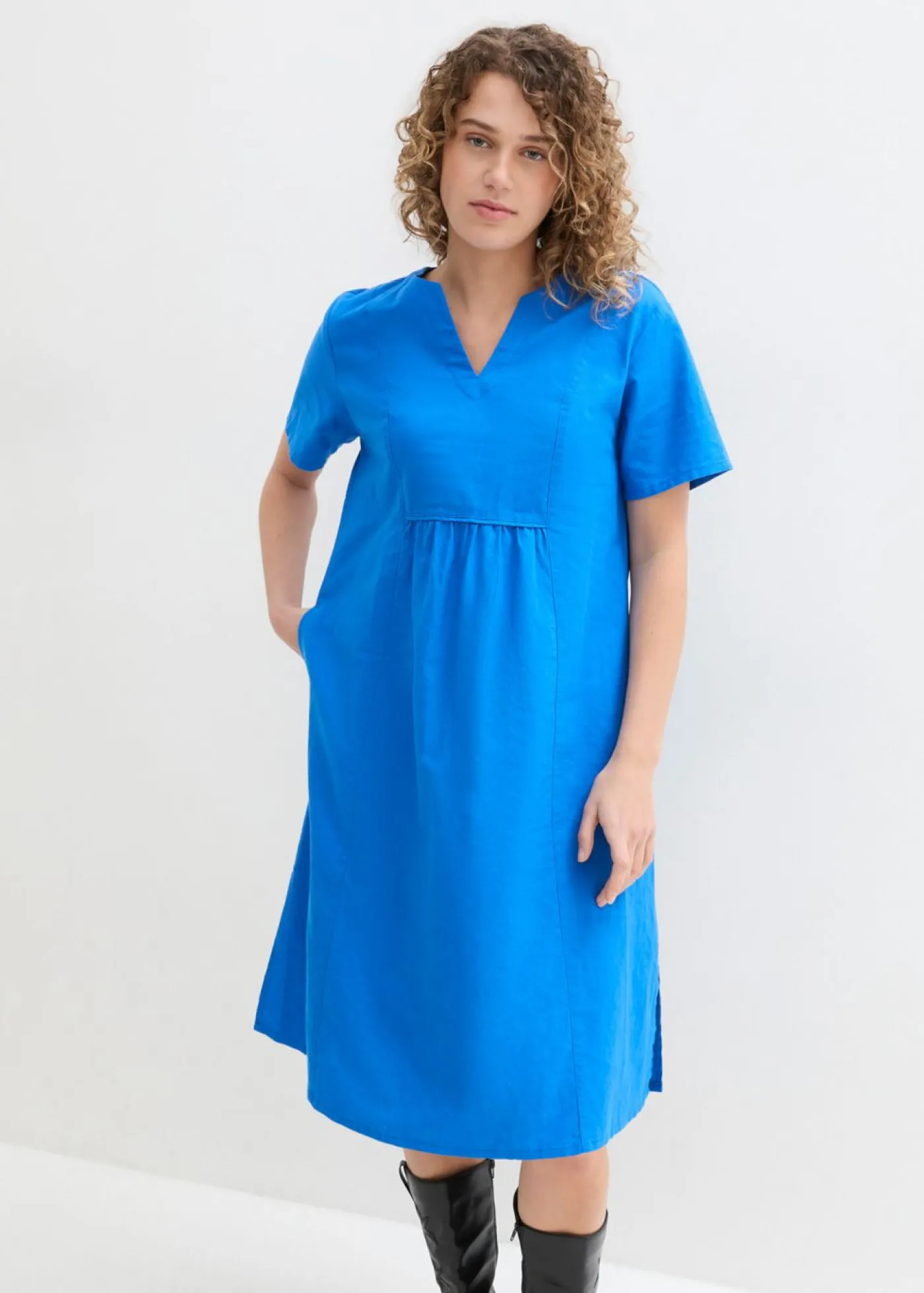 New Vestido tipo túnica de mezcla de lino y algodón con bolsillos Mujer Vestidos